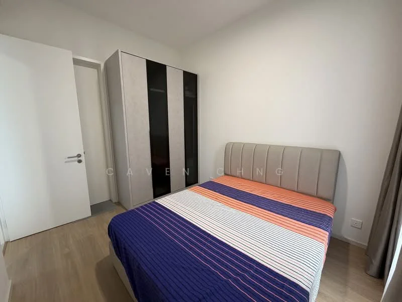 Bedroom features: queen-size bed with upholstered headboard, striped bedding in blue, orange, and white, built-in wardrobe with sliding doors, light wood flooring, white painted walls, curtains, door leading to hallway; style: modern.