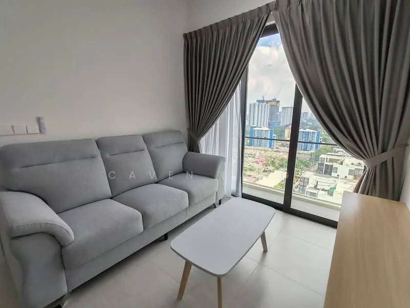 Living features: grey fabric 3-seater sofa, white coffee table, floor-to-ceiling windows, city skyline view, light-coloured wall, light-coloured flooring, curtains, wooden side table; style: modern; view: city.