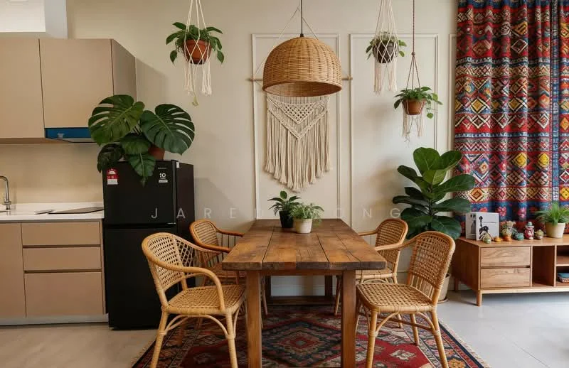 Dining features: wooden dining table, 4 rattan dining chairs, green potted plants, macrame wall hanging, decorative wall art, colorful patterned curtains, dark-colored fridge, wooden sideboard, area rug with geometric pattern; style: bohemian.