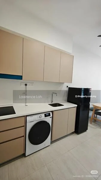 Kitchen features: light beige cabinetry, white countertop, single-bowl stainless-steel sink, chrome pull-down faucet, built-in electric cooktop, front-load washing machine, black refrigerator, tile flooring, wall-mounted cabinets, open shelving, blue accent panel; style: modern.