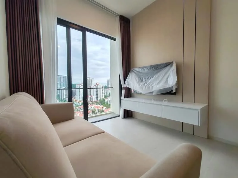 Living features: floor-to-ceiling windows, city view, light-colored walls, light-colored flooring, mounted TV, white TV console, beige fabric sofa, curtains, decorative wall paneling; style: modern; view: city.