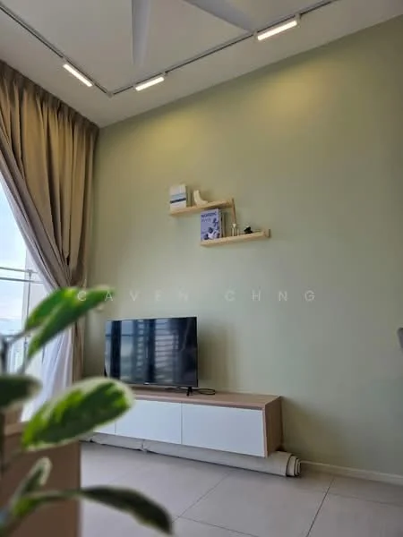 Living features: light green painted walls, white ceiling, recessed LED downlights, 5-blade ceiling fan, TV console in light wood, wall-mounted TV, floating shelf with decor, large window with sheer curtains, ceramic tile flooring, indoor plant; style: modern; view: city.