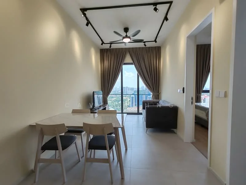 Living features: 5-blade ceiling fan with light, floor-to-ceiling windows, grey curtains, light beige painted walls, tile flooring, wall-mounted TV, sofa in dark grey, dining table for 4, chairs with wooden legs, decorative wall lighting; style: modern; view: city.