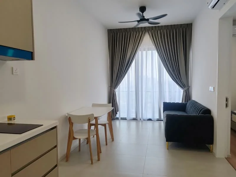Living features: grey fabric sofa, white dining table with wooden legs, 2 white dining chairs, floor-to-ceiling windows, sheer curtains, dark grey curtains, ceiling fan, light-colored tile flooring, wall-mounted air conditioning unit; style: modern; view: city.