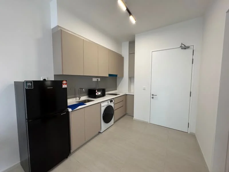 Kitchen features: light grey cabinetry, white countertop, single-bowl stainless-steel sink, chrome pull-down faucet, built-in microwave, black fridge, front-load washing machine, tile flooring, recessed downlights, white walls, white door; style: modern.