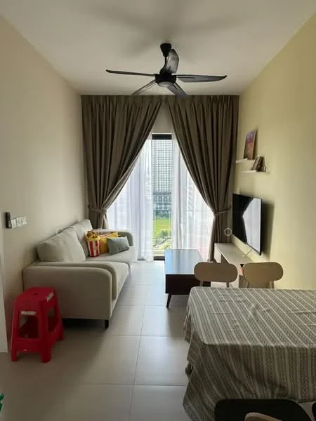 Living features: 3-seater fabric sofa in light color, wooden coffee table, wall-mounted TV, floor-to-ceiling windows, sheer curtains, blackout curtains, 5-blade ceiling fan, decorative wall art, dining table with chairs, light-colored walls, tile flooring; style: modern; view: garden.