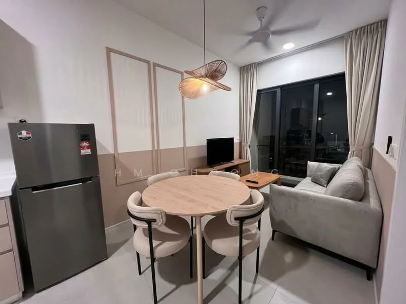 Living features: grey fabric sofa, round dining table, 4 upholstered dining chairs, refrigerator, wall-mounted TV, wooden coffee table, ceiling fan, floor-to-ceiling windows, curtains, light fixture, neutral wall color, tile flooring; style: modern; view: city.