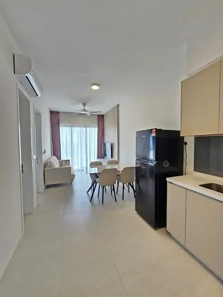 Living features: floor-to-ceiling windows, sliding glass door, white painted walls, tile flooring, 5-blade ceiling fan with light, dining table for six, upholstered dining chairs, black refrigerator, kitchen cabinetry in light color, countertop with sink, wall-mounted TV, curtains in red, sofa, decorative wall art; style: modern; view: city.