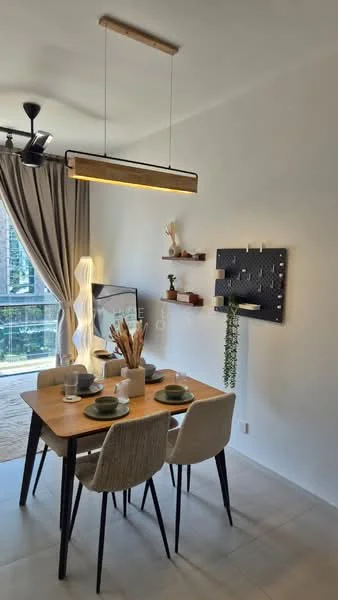 Dining features: 6-seater dining table, wooden dining table, upholstered dining chairs, pendant light fixture, floor-to-ceiling windows, sheer curtains, decorative wall shelf, decorative plants, wall-mounted decor, light-colored walls, neutral flooring, area rug; style: modern; view: garden.