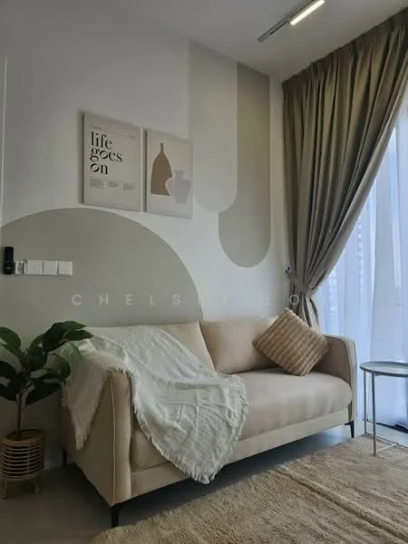 Living features: beige fabric sofa, decorative throw blanket, decorative cushion, light-colored area rug, floor-to-ceiling windows, sheer curtains, wall art with framed prints, green potted plant, light wall paint with abstract design, recessed ceiling lights; style: modern; view: city.