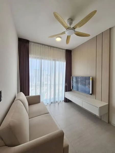 Living features: 3-seater fabric sofa in beige, wall-mounted TV, white TV console, floor-to-ceiling windows, sheer curtains, dark purple blackout curtains, ceiling fan with wooden blades, light-colored wall with wood paneling, neutral tile flooring, recessed ceiling light; style: modern; view: city.