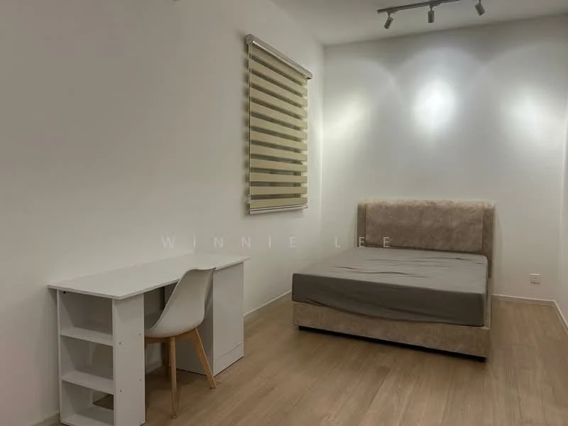 Bedroom features: queen-size bed with upholstered headboard, light wood flooring, white painted walls, roller blinds on window, desk with storage shelves, white chair, recessed downlights, wall-mounted lighting; style: modern.