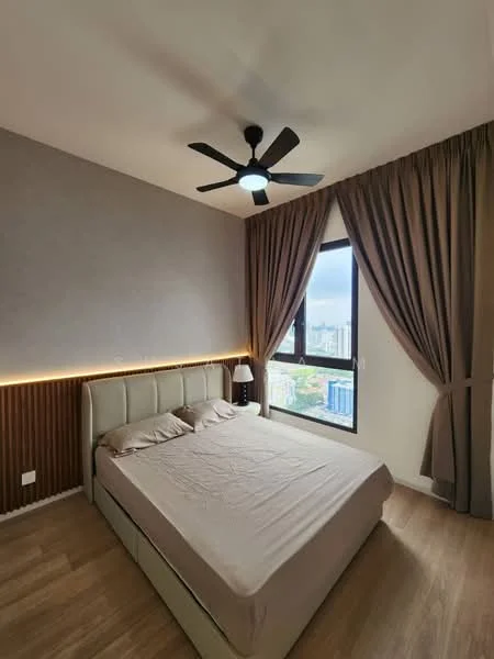 Bedroom features: queen-size bed, upholstered headboard, wooden flooring, 5-blade ceiling fan with light, floor-to-ceiling window, sheer curtains, grey painted walls, wood panel accent wall, nightstand, decorative lighting, city view; style: modern; view: city.