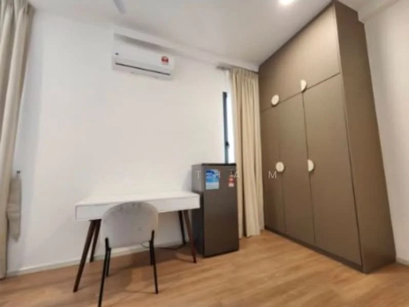 Room features: light wood laminate flooring, white painted walls, built-in wardrobe with grey finish, desk with white surface and black legs, mini fridge in stainless steel, wall-mounted air conditioning unit, floor-to-ceiling window with sheer curtains; style: modern.