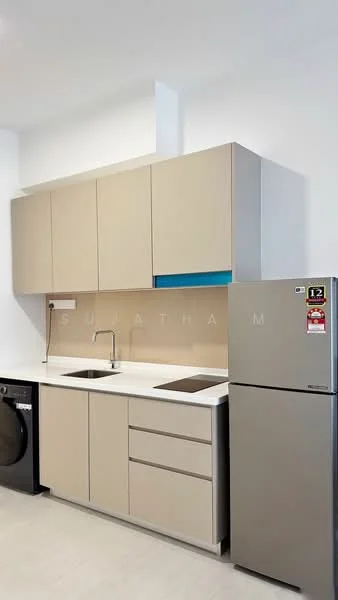 Kitchen features: light beige cabinetry, white countertop, double-bowl stainless-steel sink, chrome pull-down faucet, built-in oven, stainless-steel fridge, front-load washing machine, tile backsplash, grey tile flooring, recessed downlights; style: modern.