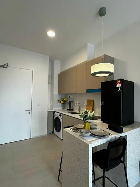 Kitchen features: light grey cabinetry, white countertop with speckled pattern, stainless-steel fridge, built-in oven, front-load washing machine, single-bowl stainless-steel sink, chrome pull-down faucet, pendant light fixture, open shelving, decorative vase with flowers, dining set with plates and cutlery, black bar stools; style: modern.