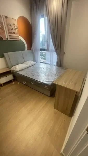 Bedroom features: queen-size bed, upholstered headboard, wooden bedside table, floor-to-ceiling window, curtains, laminate flooring, decorative wall with color accents, wall art; style: modern; view: city.