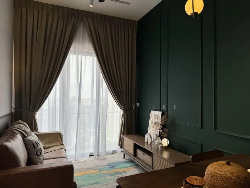 Living features: green accent wall, white painted walls, floor-to-ceiling windows, sheer curtains, 3-seater fabric sofa in beige, wooden coffee table, TV console, area rug with colorful pattern, decorative wall paneling, hanging pendant light; style: modern; view: city.