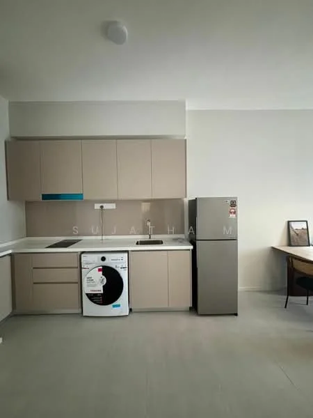 Kitchen features: light beige cabinetry, white countertop, built-in stove, stainless-steel fridge, front-load washing machine, single-bowl stainless-steel sink, chrome pull-down faucet, tile backsplash, grey tile flooring, wall-mounted cabinet, open shelving, window with natural light; style: modern.