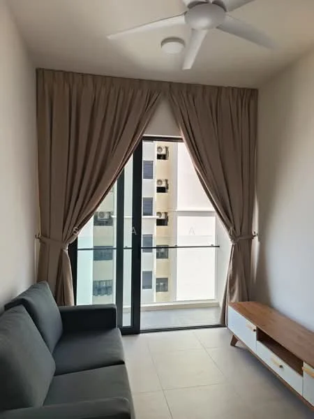 Living features: 3-seater fabric sofa in grey, floor-to-ceiling windows, sheer curtains, light-colored walls, tile flooring, ceiling fan, wooden TV console, decorative wall, natural light from window; style: modern; view: city.