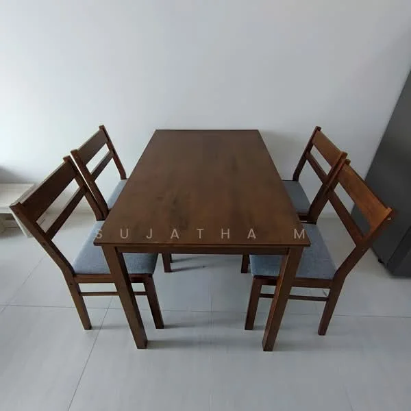 Dining features: wooden dining table, four wooden dining chairs, grey upholstered chair seats, light-colored tiled flooring, plain white walls, minimalist decor; style: modern.
