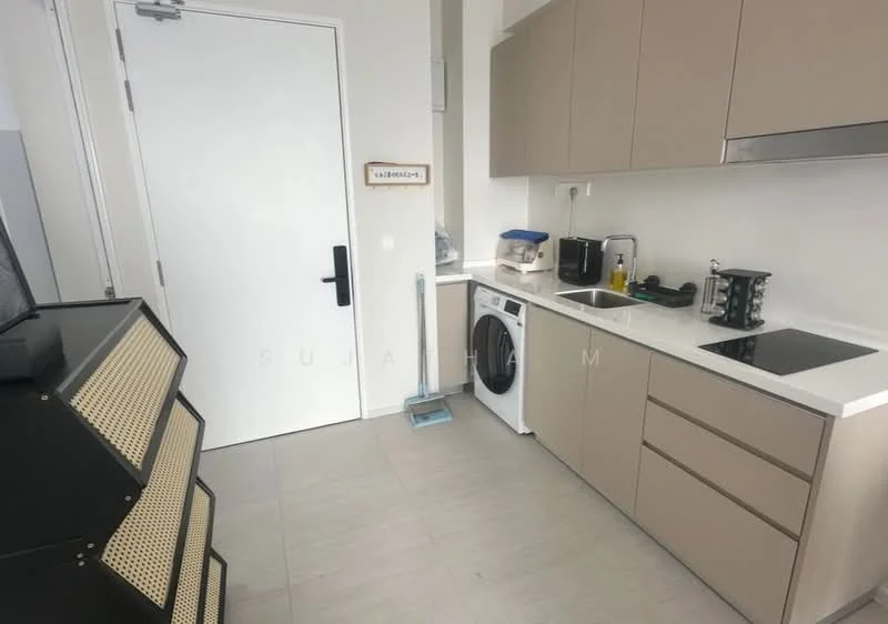 Kitchen features: light beige cabinetry, white countertop, built-in electric stove, stainless-steel sink, chrome pull-down faucet, built-in oven, microwave, front-load washing machine, kitchen appliances visible, tile flooring, white walls, door leading outside; style: modern.