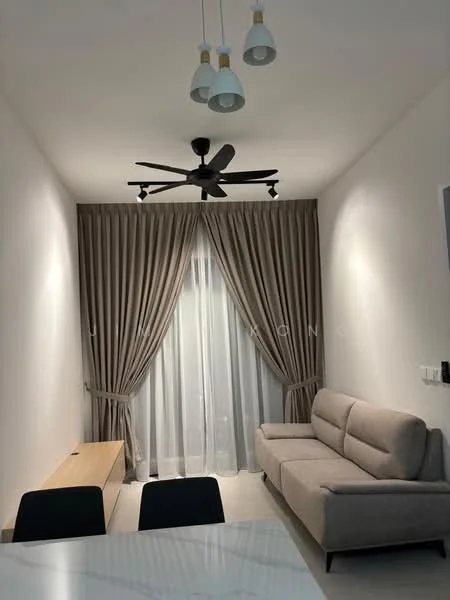 Living features: 3-seater fabric sofa in light grey, wooden coffee table, floor-to-ceiling windows, sheer curtains, blackout curtains, 5-blade ceiling fan with light, recessed downlights, white painted walls, tile flooring; style: modern.