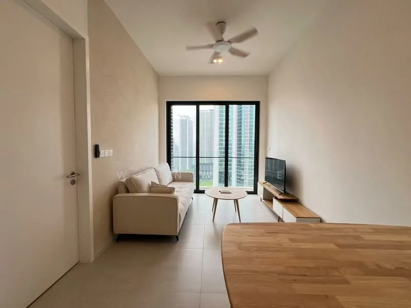 Living features: white painted walls, light-colored tiled flooring, 5-blade ceiling fan with light, sofa in cream color, wooden coffee table, TV console, wall-mounted TV, floor-to-ceiling windows, city view, natural light from windows; style: modern; view: city.