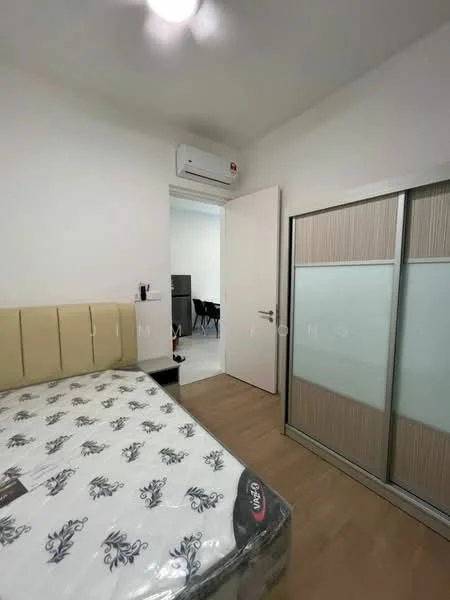 Bedroom features: queen-size bed, upholstered headboard, built-in wardrobe with sliding doors, wooden flooring, wall-mounted split AC, white painted walls, ceiling light, door leading to another room; style: modern.