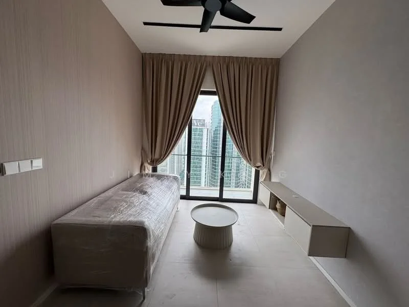 Room features: light grey painted walls, floor-to-ceiling windows, curtains, ceiling fan, tile flooring, built-in wall shelf, small round coffee table, sofa covered in plastic wrap; style: modern; view: city.