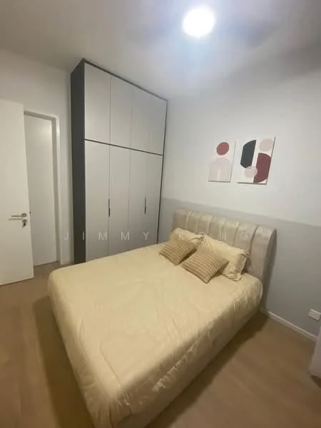 Bedroom features: queen-size bed with beige bedding, upholstered headboard, 2 decorative pillows, built-in wardrobe with sliding doors, light wood flooring, white painted walls, recessed ceiling lights, framed artwork on the wall, door leading to hallway; style: modern.