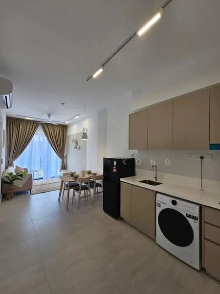 Kitchen features: white quartz countertop, light brown cabinetry, stainless-steel sink, chrome pull-down faucet, built-in washing machine, black refrigerator, 4-burner gas hob, wall-mounted split AC, tile flooring, recessed LED downlights, dining table with 4 chairs, curtains, floor-to-ceiling windows; style: modern; view: garden.