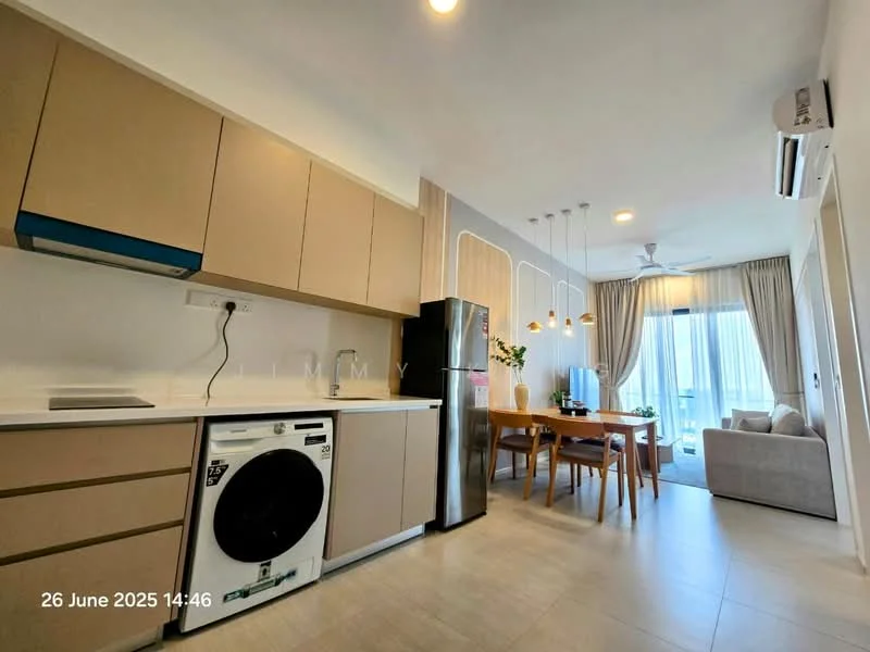 Kitchen features: light brown cabinetry, white countertop, single-bowl stainless-steel sink, chrome pull-down faucet, built-in oven, freestanding fridge, front-load washing machine, ceramic tile flooring, recessed downlights, wall-mounted split AC; style: modern. Dining features: wood dining table for 4, upholstered dining chairs, pendant lighting above table; style: modern.