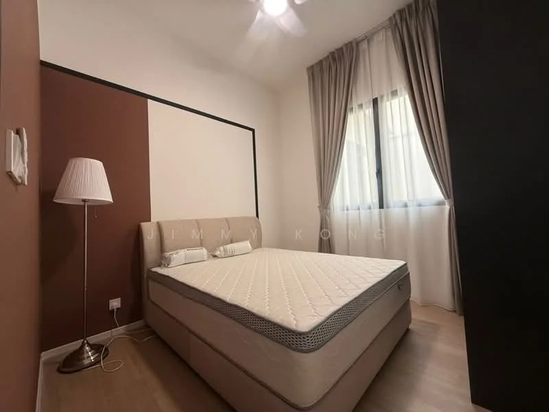 Bedroom features: queen-size bed, upholstered headboard, laminate flooring, white painted walls, accent wall in brown, floor-to-ceiling window, sheer curtains, table lamp, ceiling fan; style: modern.