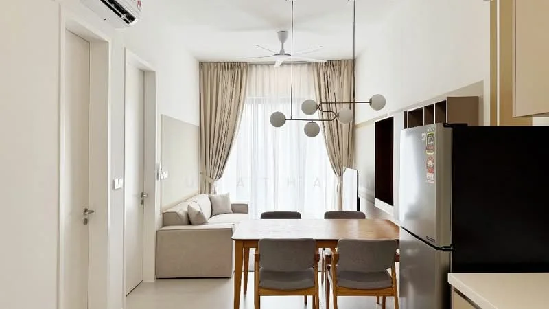 Dining features: 6-seater dining table, wooden dining chairs, pendant light fixture, floor-to-ceiling windows, sheer curtains, light-colored walls, light-colored flooring, refrigerator, sofa in beige fabric, TV console, wall-mounted TV, ceiling fan; style: modern.