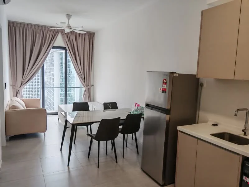 Dining features: 6-seater dining table, black dining chairs, floor-to-ceiling windows, curtains in beige, ceiling fan, light grey tile flooring, refrigerator in stainless steel, kitchen cabinetry in light beige, sink with chrome faucet, countertop in white, sofa in light beige; style: modern; view: city.