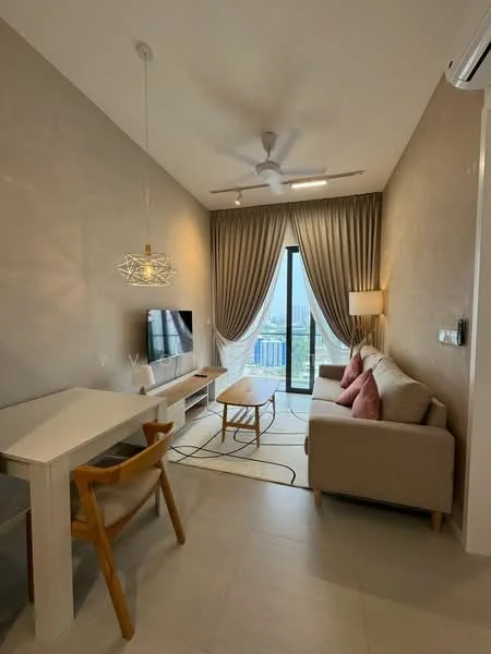 Living features: beige painted walls, tile flooring, 5-blade ceiling fan with light, sofa with cushions in beige and pink, coffee table, wall-mounted TV, dining table with 2 chairs, floor-to-ceiling windows with sheer curtains, curtains in light grey, decorative pendant light; style: modern; view: city.