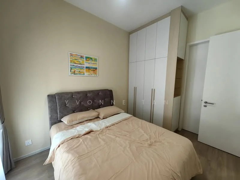 Bedroom features: queen-size bed with beige bedding, upholstered headboard in grey, light wood flooring, cream painted walls, built-in wardrobe with white cabinetry, framed artwork on wall, window with sheer curtains, recessed ceiling lights; style: modern.