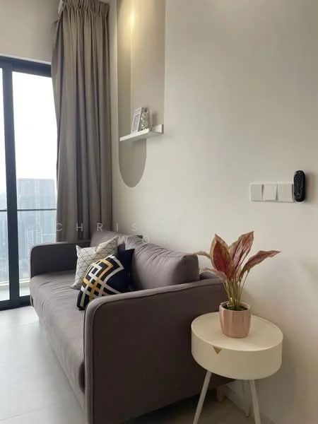 Living features: grey fabric sofa, decorative cushions, white side table, potted plant, floor-to-ceiling windows, sheer curtains, wall-mounted shelf, light-colored walls, tile flooring, wall-mounted intercom; style: modern; view: city.
