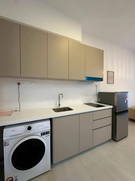Kitchen features: single-bowl stainless-steel sink, chrome pull-down faucet, light beige cabinetry, white quartz countertop, built-in washing machine, stainless-steel fridge, two upper cabinets, two lower cabinets, tile flooring, wall-mounted electrical outlets, framed wall art, under-cabinet lighting; style: modern.