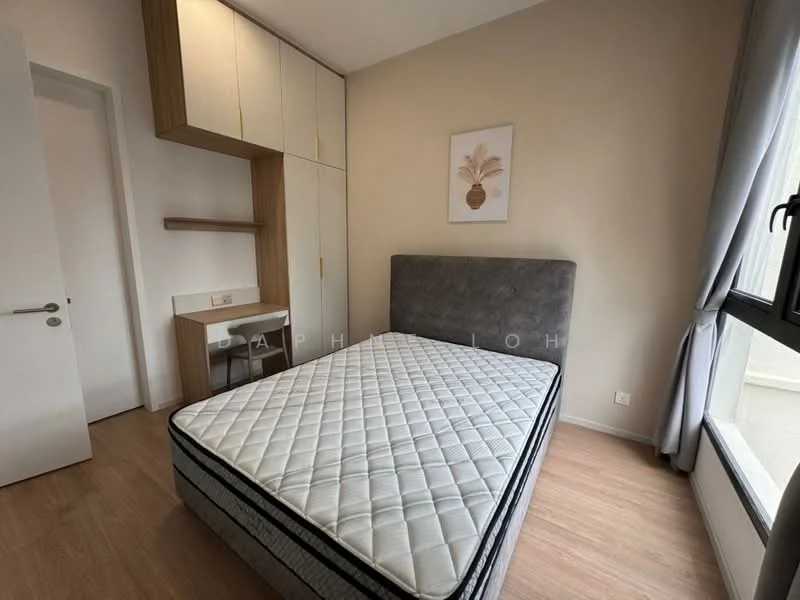 Bedroom features: queen-size bed with grey upholstered headboard, light wood flooring, white painted walls, built-in wardrobe with sliding doors, study desk with drawer, wall-mounted shelf, large window with sheer curtains, decorative wall art; style: modern.
