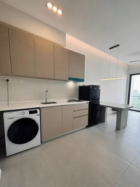 Kitchen features: light brown cabinetry, white countertop, single-bowl stainless-steel sink, chrome pull-down faucet, built-in stove, black refrigerator, front-load washing machine, pendant light, open layout, tile flooring, window with city view; style: modern; view: city.