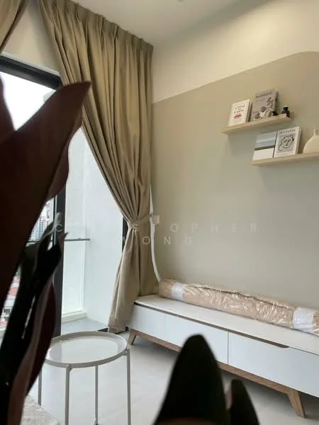 Room features: floor-to-ceiling windows, sheer curtains, light grey painted walls, white shelving unit, white cabinetry, decorative items on shelf, neutral-toned seating area, small round side table, light-colored flooring, decorative plant in foreground; style: modern; view: city.