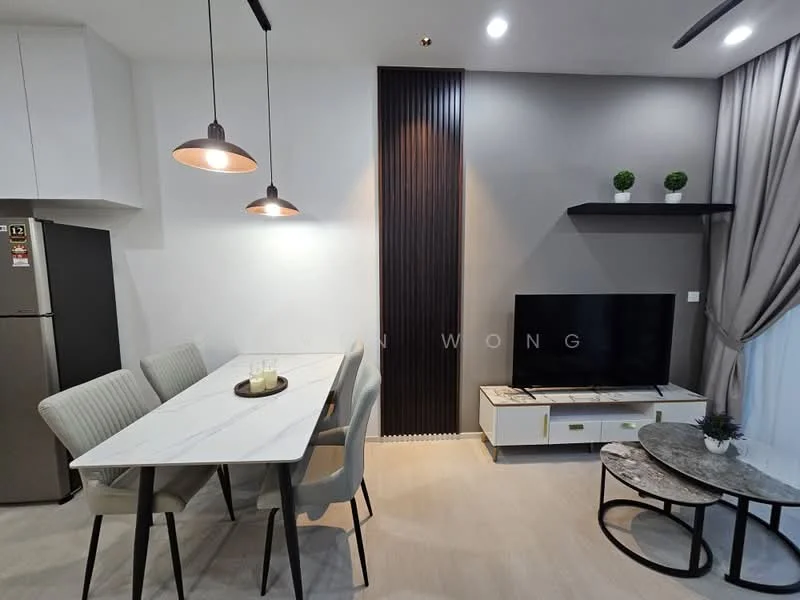 Dining features: marble dining table, 4 upholstered dining chairs, pendant lighting, wall-mounted TV, TV console with storage, decorative wall panel, curtains, light wood flooring, refrigerator, decorative plants; style: modern.