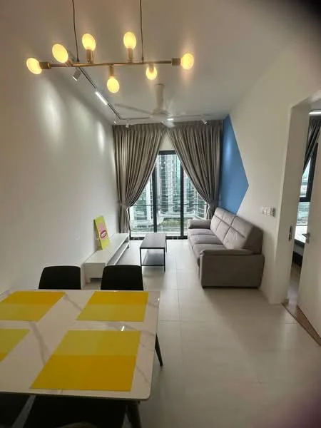 Living features: 3-seater fabric sofa in grey, coffee table, floor-to-ceiling windows, sheer curtains, 5-blade ceiling fan with light, recessed downlights, white painted walls, tile flooring, decorative wall with blue accent, TV console, area rug; style: modern; view: city. Dining features: 6-seater dining table with white top, black dining chairs, yellow placemats; style: modern; view: city.