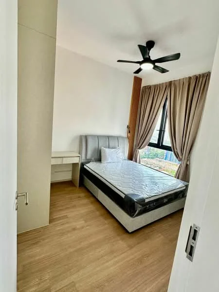 Bedroom features: queen-size bed, upholstered headboard, wooden flooring, 5-blade ceiling fan with light, floor-to-ceiling window, sheer curtains, built-in wardrobe, study desk, decorative wall paneling; style: modern; view: city.