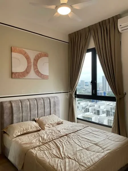 Bedroom features: king-size bed, upholstered headboard, bedside lamps, floor-to-ceiling window, sheer curtains, recessed ceiling lights, air conditioning unit, decorative wall art, cream painted walls, light-colored bedding, wooden flooring; style: modern; view: city.