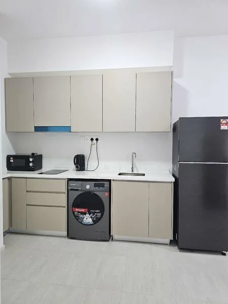 Kitchen features: light grey cabinetry, white countertop, single-bowl stainless-steel sink, chrome pull-down faucet, built-in microwave, black refrigerator, front-load washing machine, electric kettle, ceramic tile flooring, wall-mounted power outlets, under-cabinet lighting; style: modern.