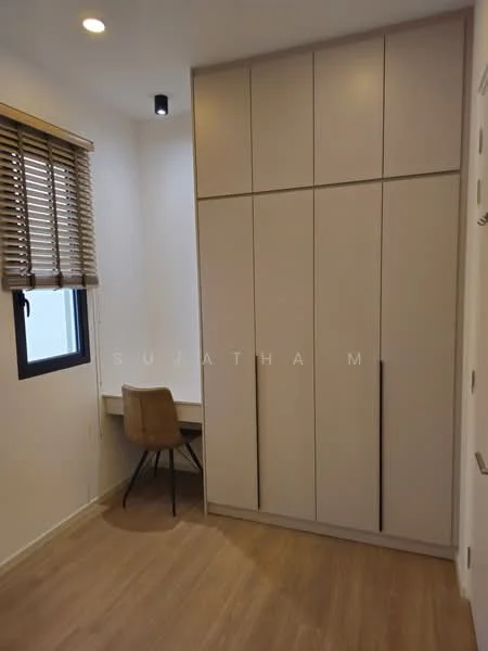 Room features: light wood flooring, built-in wardrobe with sliding doors, desk area with chair, window with blinds, recessed ceiling lights, white painted walls; style: modern.