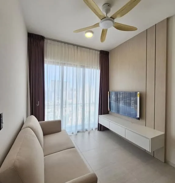 Living features: beige fabric 2-seater sofa, wall-mounted TV, white TV console, floor-to-ceiling windows, sheer curtains, dark purple drapes, ceiling fan with wooden blades, recessed downlights, light-colored tiled flooring, wood panel accent wall; style: modern; view: city.
